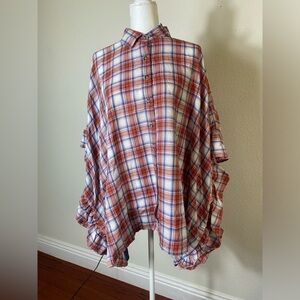 I Joah Plaid Oversized Pancho Button Up Ruffle Top sz Large NWT